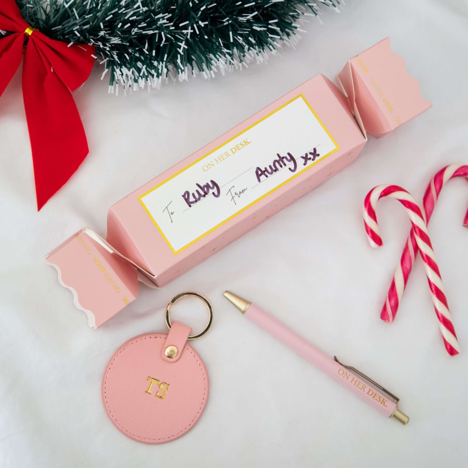 Personalised Stationery Christmas Gift | Keyring & Ballpoint Pen - Pink