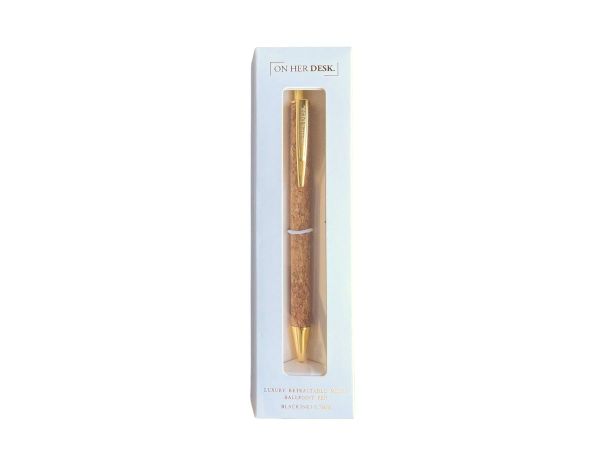 gold cork ballpoint pen in white box