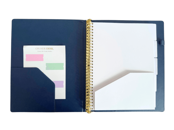 navy blue a4 binder notebook, inside view with tab dividers with pockets