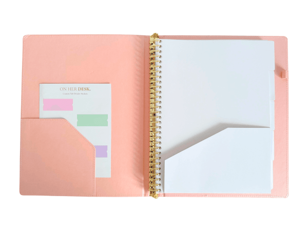 pink a4 binder notebook, inside view with tab dividers with pockets